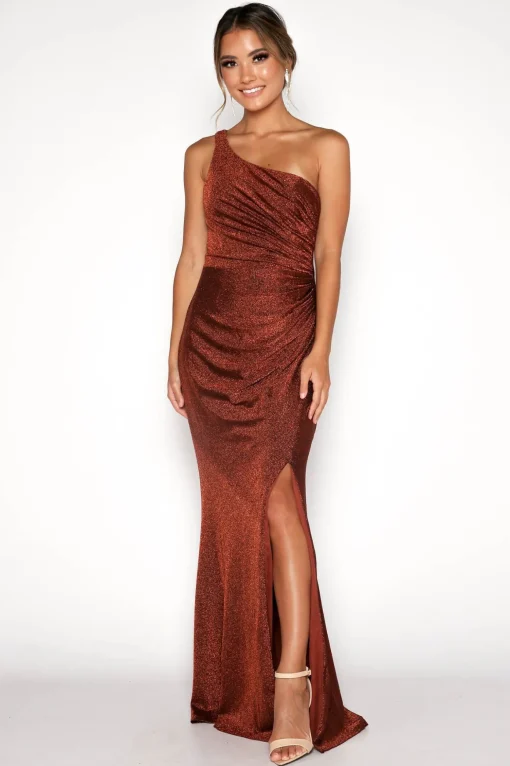 CALI One Shoulder Maxi Dress - Shimmer Copper