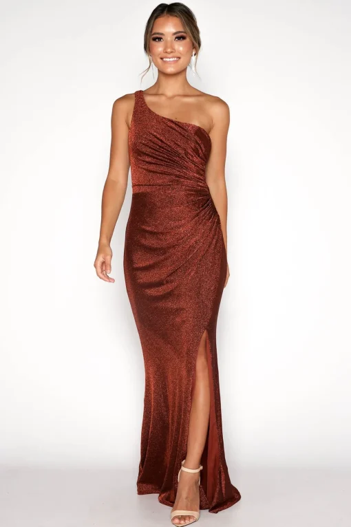 CALI One Shoulder Maxi Dress - Shimmer Copper
