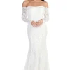 Caroline Off The Shoulder Long Sleeve Lace Gown - White