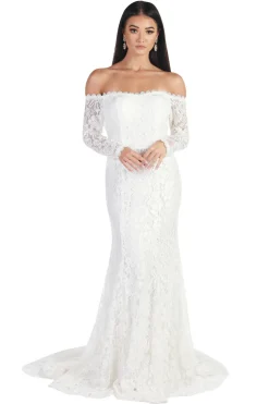 Caroline Off The Shoulder Long Sleeve Lace Gown - White