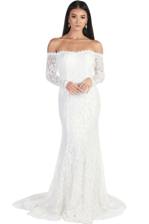 Caroline Off The Shoulder Long Sleeve Lace Gown - White