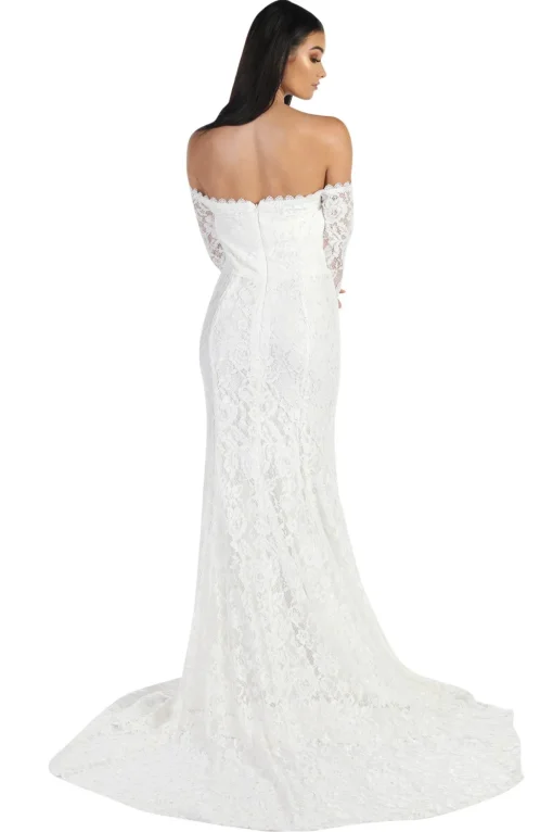 Caroline Off The Shoulder Long Sleeve Lace Gown - White