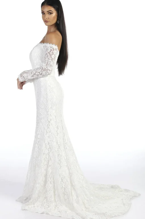 Caroline Off The Shoulder Long Sleeve Lace Gown - White