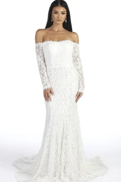 Caroline Off The Shoulder Long Sleeve Lace Gown - White