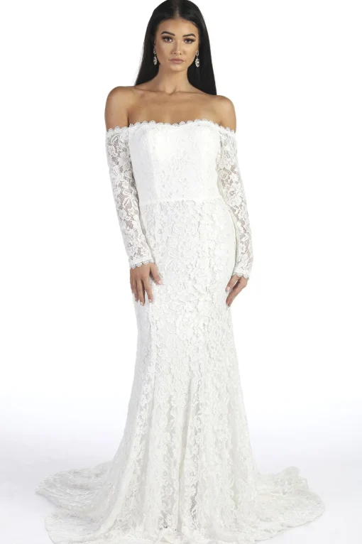 Caroline Off The Shoulder Long Sleeve Lace Gown - White