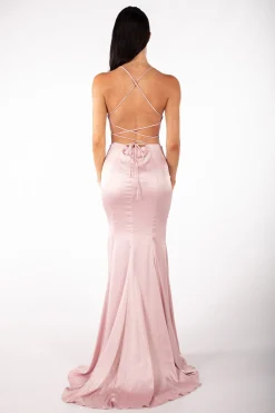 CIARA Lace Up Back Front Slit Satin Gown - Pink