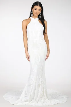 Delilah High Neck Pattern Sequin Gown - White