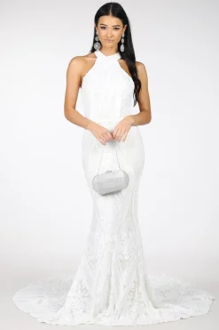 Delilah High Neck Pattern Sequin Gown - White