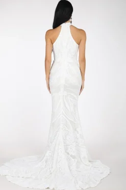 Delilah High Neck Pattern Sequin Gown - White