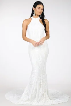 Delilah High Neck Pattern Sequin Gown - White