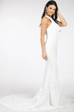 Delilah High Neck Pattern Sequin Gown - White