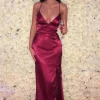 ELECTRA Lace Up Back Front Slit Satin Gown - Deep Red