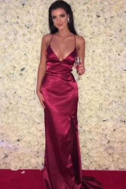 ELECTRA Lace Up Back Front Slit Satin Gown - Deep Red