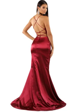 ELECTRA Lace Up Back Front Slit Satin Gown - Deep Red