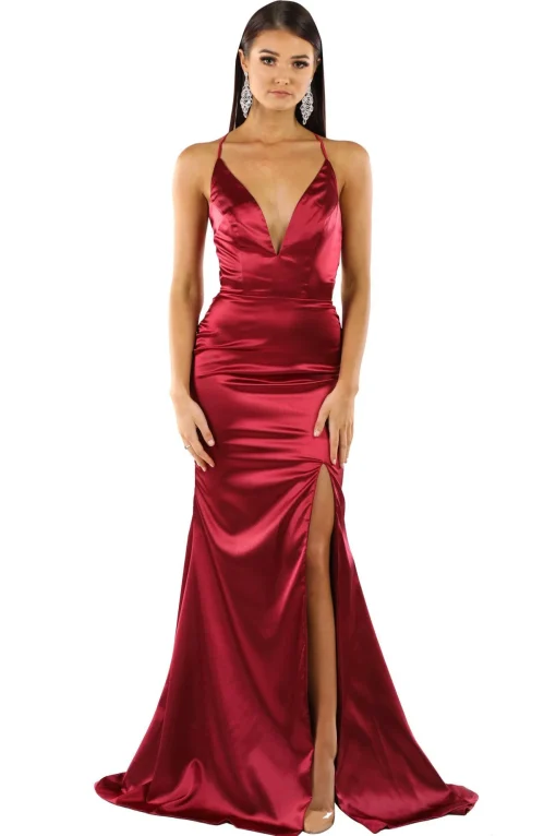 ELECTRA Lace Up Back Front Slit Satin Gown - Deep Red