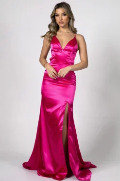 ELECTRA Lace Up Back Front Slit Satin Gown - Bright Pink