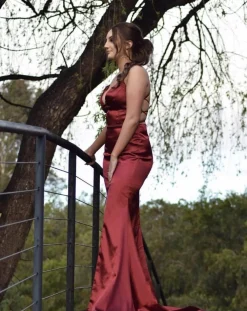 ELECTRA Lace Up Back Front Slit Satin Gown - Deep Red