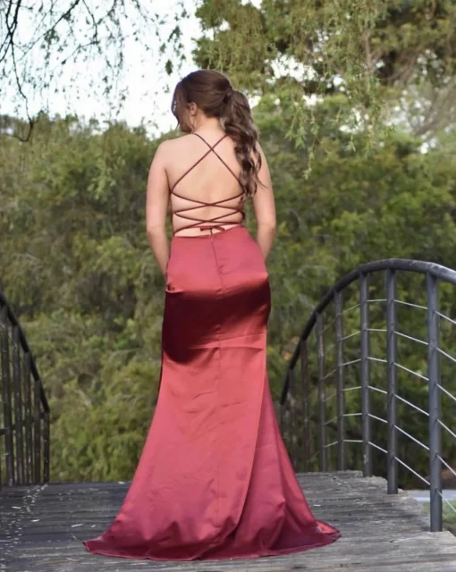 ELECTRA Lace Up Back Front Slit Satin Gown - Deep Red
