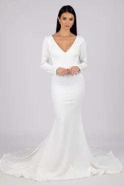 Elena Long-Sleeve Crepe Gown - Ivory