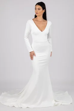 Elena Long-Sleeve Crepe Gown - Ivory