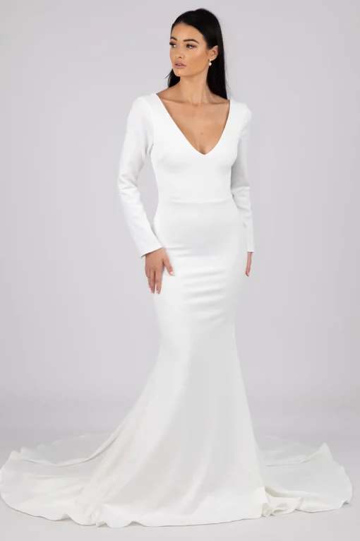 Elena Long-Sleeve Crepe Gown - Ivory