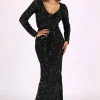 Elena Long-Sleeve Pattern Sequin Gown (NO Train) - Black