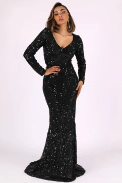 Elena Long-Sleeve Pattern Sequin Gown (NO Train) - Black