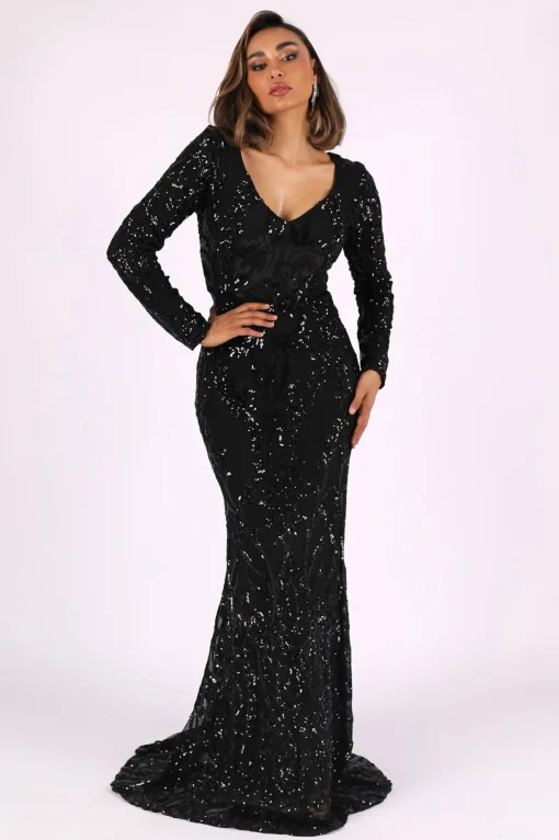 Elena Long-Sleeve Pattern Sequin Gown (NO Train) - Black