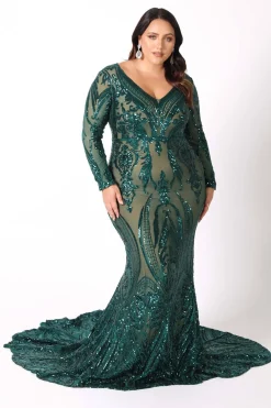Elena Long-Sleeve Pattern Sequin Gown - Emerald/Nude