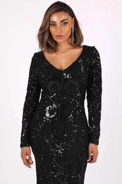 Elena Long-Sleeve Pattern Sequin Gown (NO Train) - Black