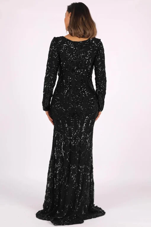 Elena Long-Sleeve Pattern Sequin Gown (NO Train) - Black