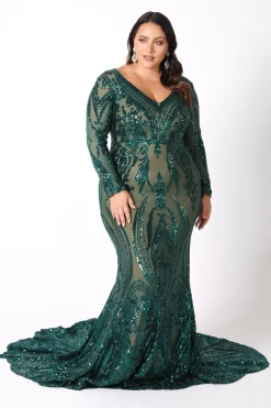 Elena Long-Sleeve Pattern Sequin Gown - Emerald/Nude