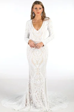 Elena Long-Sleeve Pattern Sequin Gown - White/Nude