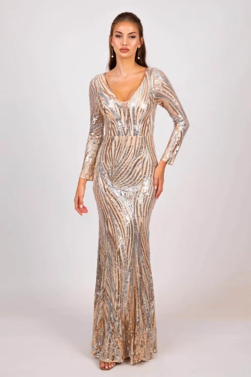 Evangeline Pattern Sequin Gown - Champagne