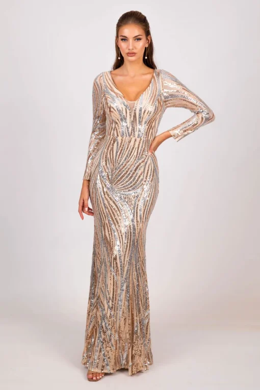 Evangeline Pattern Sequin Gown - Champagne