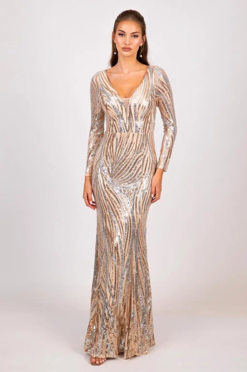 Evangeline Pattern Sequin Gown - Champagne