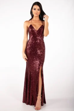 Fresia Lace Up Sequin Gown - Burgundy