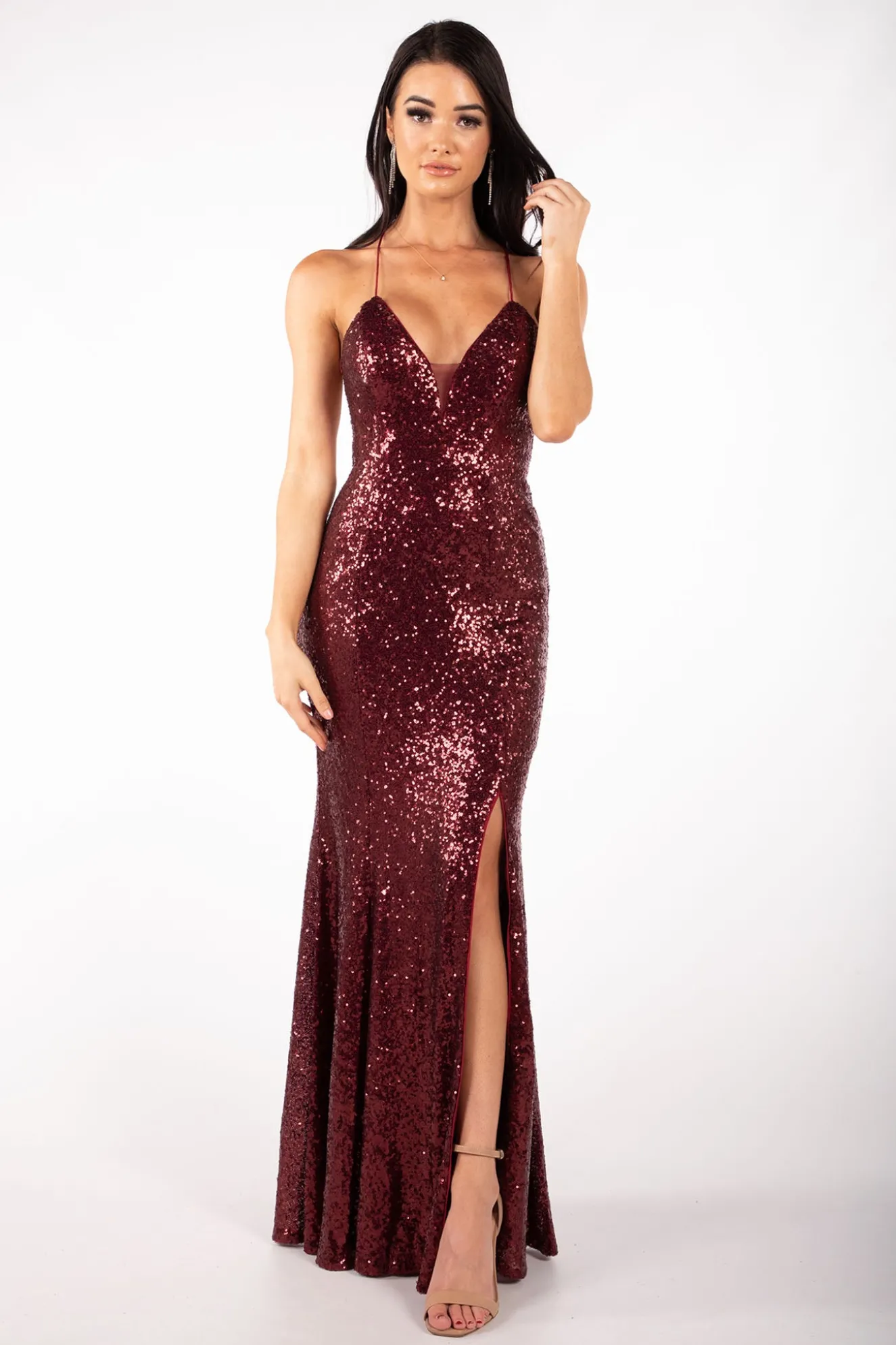 Fresia Lace Up Sequin Gown - Burgundy