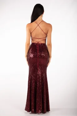 Fresia Lace Up Sequin Gown - Burgundy