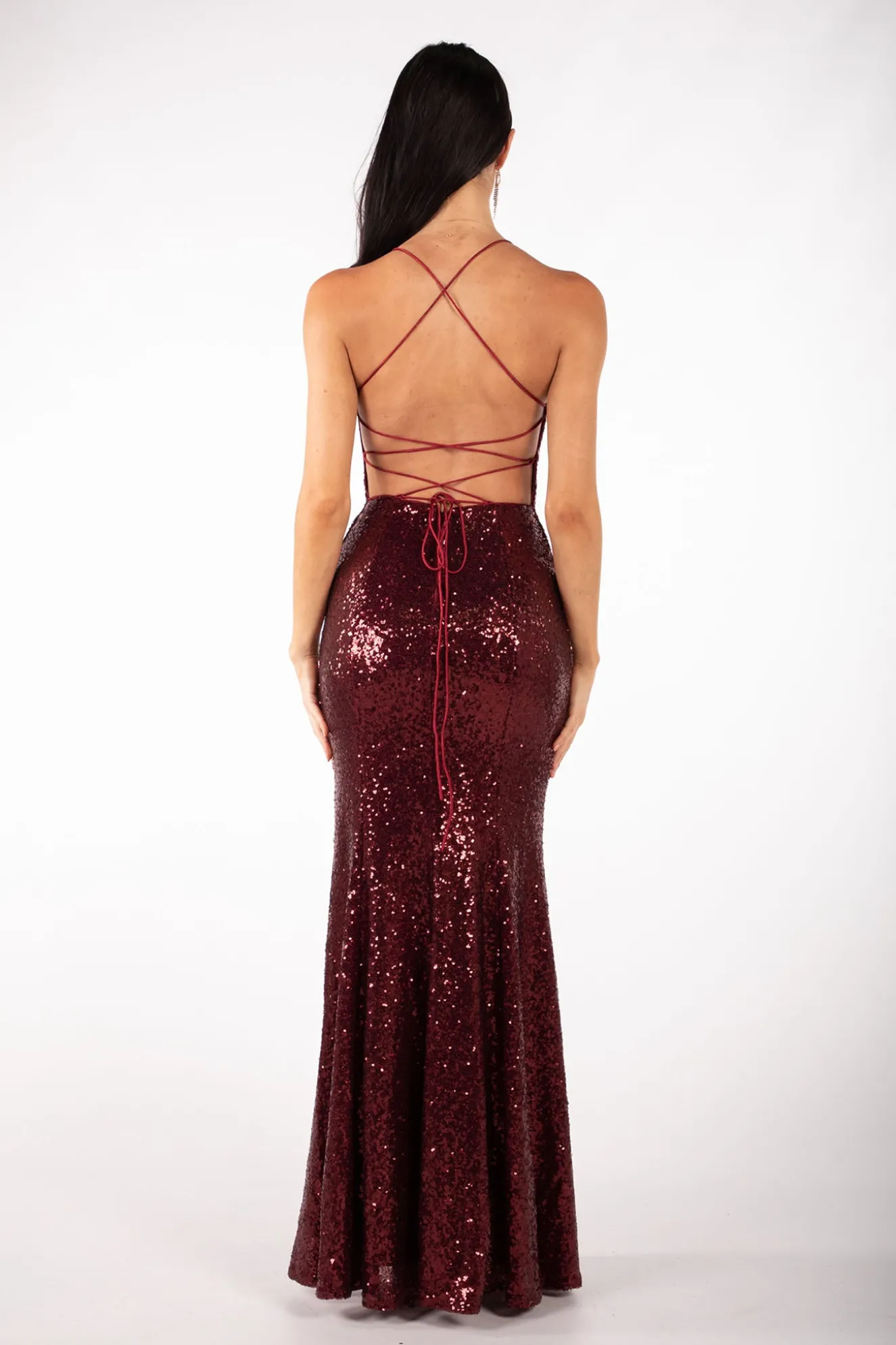 Fresia Lace Up Sequin Gown - Burgundy