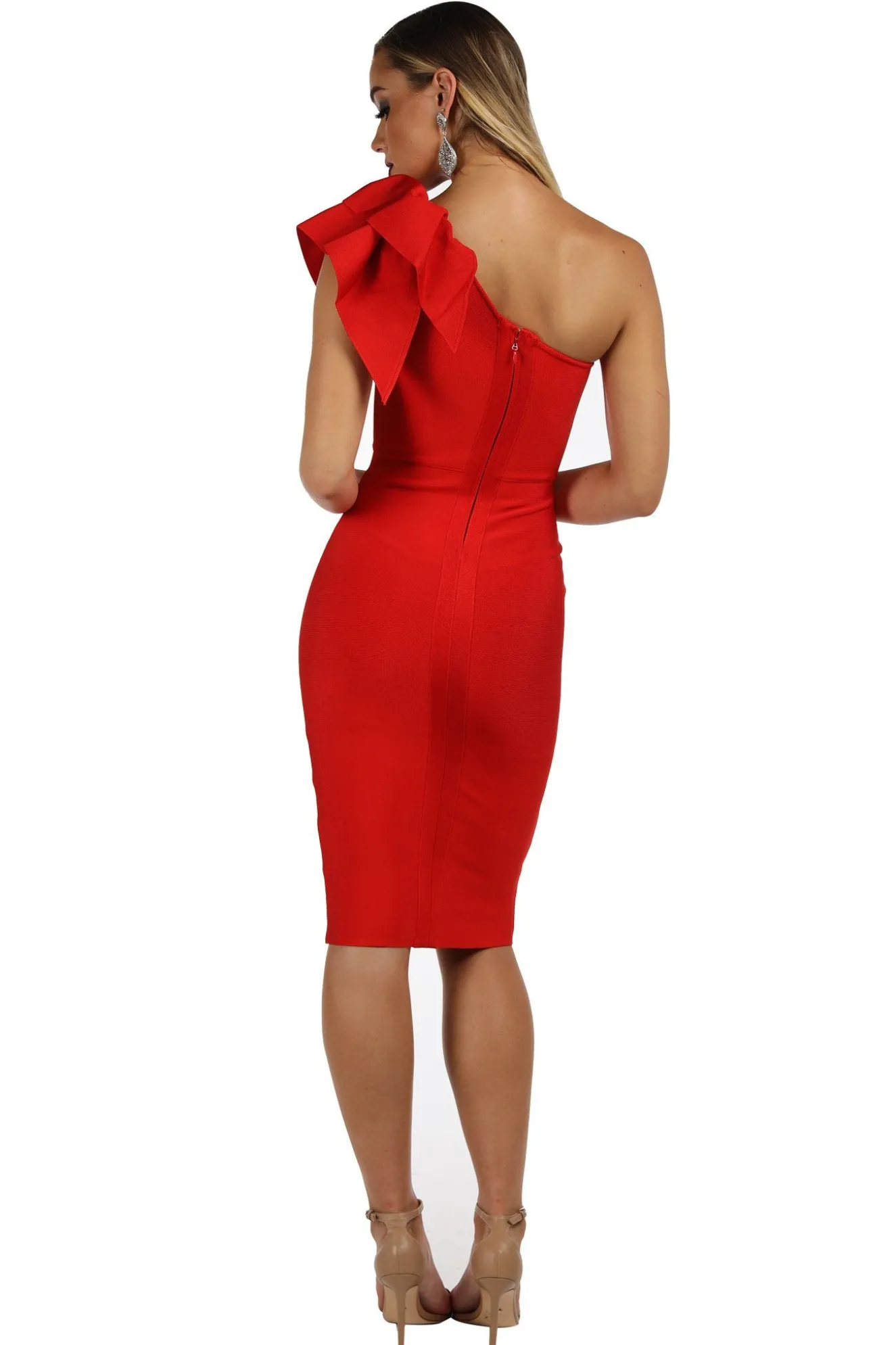 Freya One Shoulder Ruffle Dress - Red (XS - Clearance Sale)