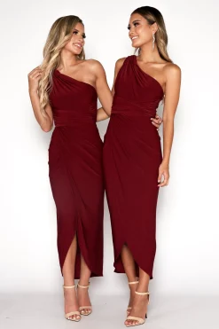 Hayden One Shoulder Midi Dress - Wine