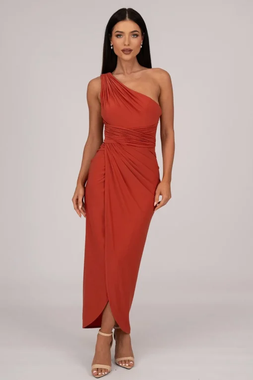 Hayden One Shoulder Midi Dress - Burnt Orange