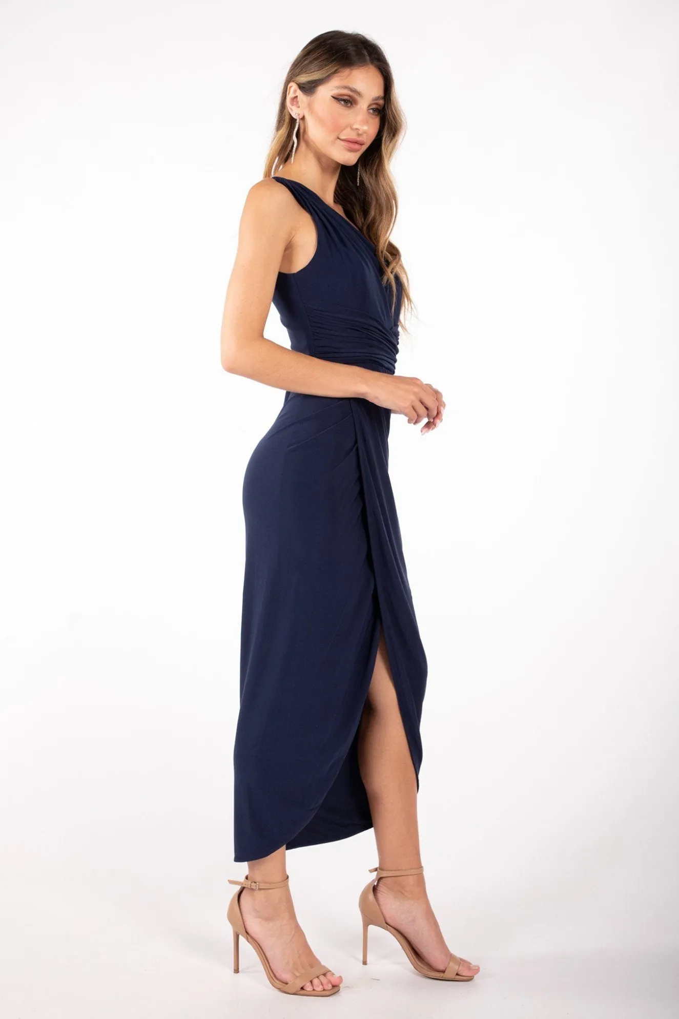 Hayden One Shoulder Midi Dress - Navy