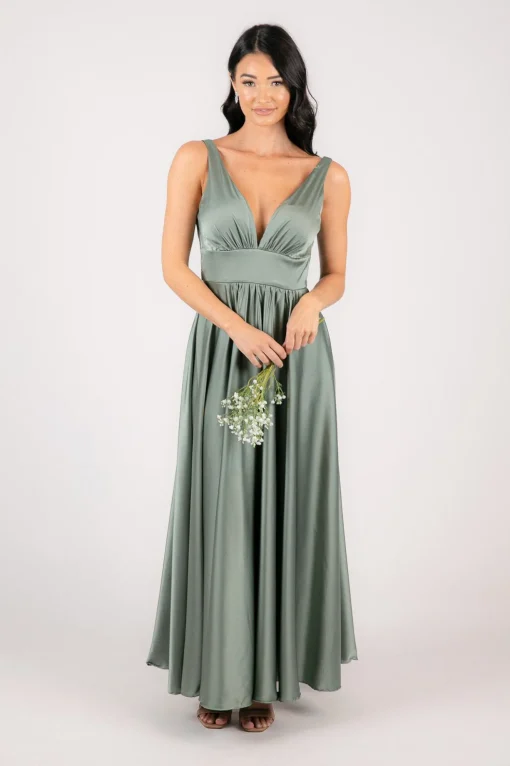 ISABEL A-Line Satin Maxi Dress - Sage Green