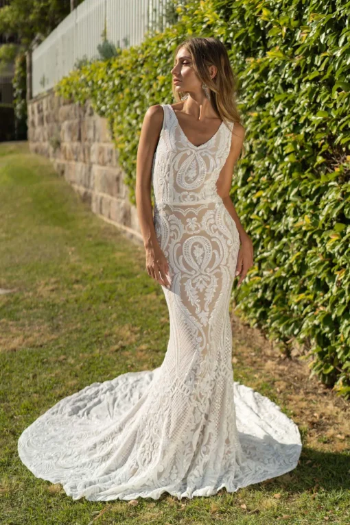 Kalani Pattern Sequin Gown - White/Nude