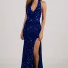 KENDALL Halter Neck Velvet Sequin Gown - Royal Blue