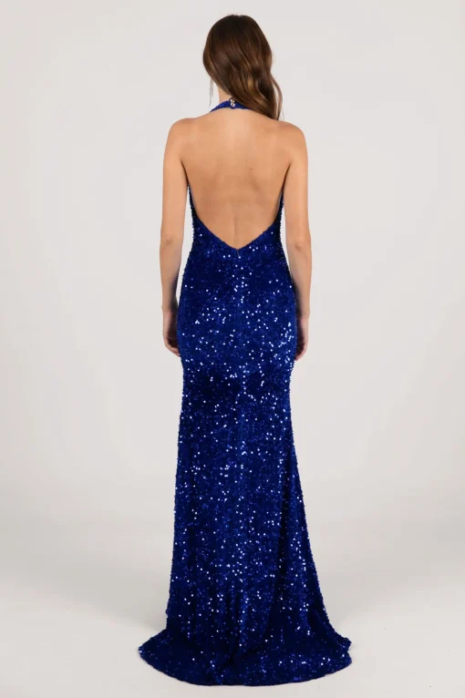 KENDALL Halter Neck Velvet Sequin Gown - Royal Blue