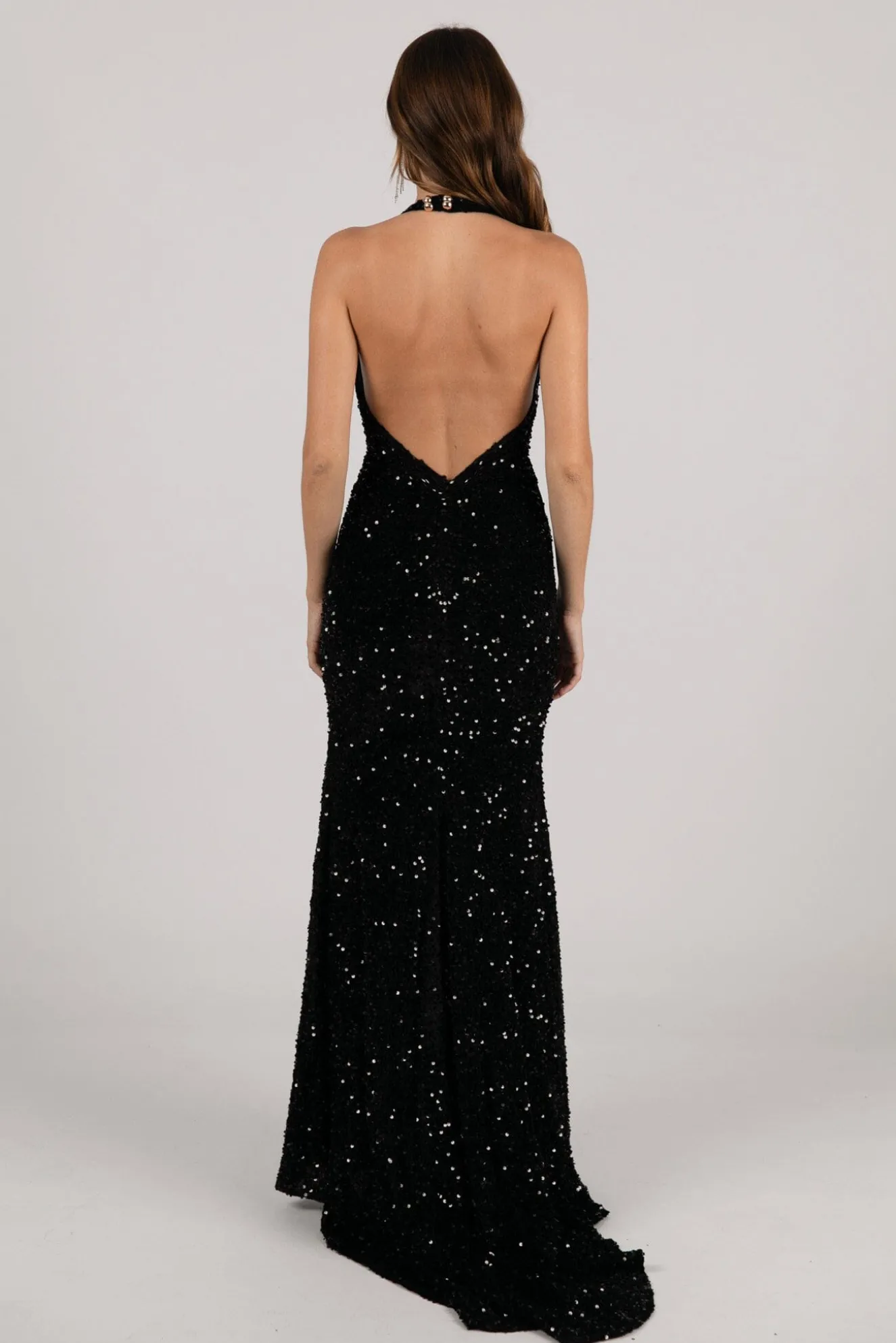 KENDALL Halter Neck Velvet Sequin Gown - Black