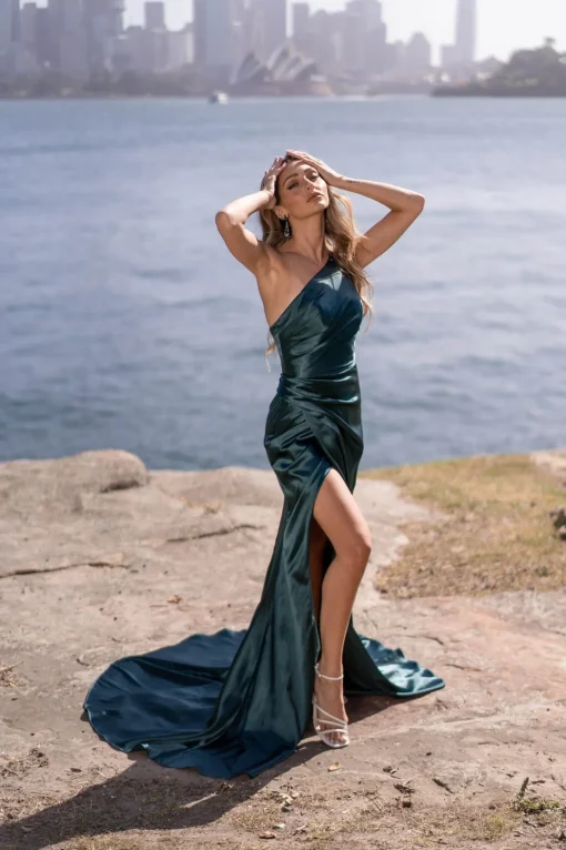Kendra One Shoulder Satin Gown - Emerald